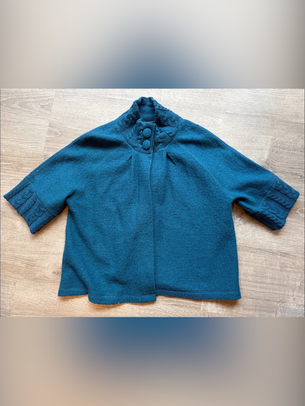 For Cynthia Teal Knit Cardigan with Ruffled Collar